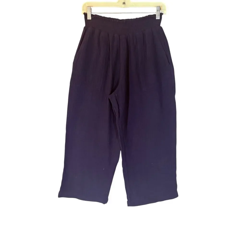 Magaschoni Organic Slub Cotton Navy Wide Leg Cropped Pants L Casual Resort Beach